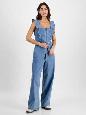 Tinseltown Juniors’ Ruffle-Strap Wide Leg Jumpsuit- Medium